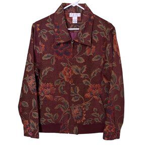 Susan Graver Style Floral Jacket Large Zip Front Burgundy Ribbed Hem & Cuffs